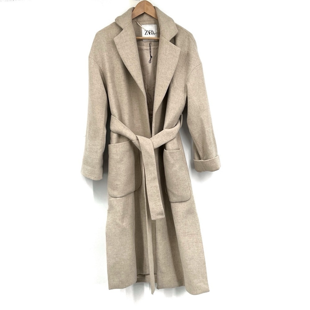 Zara Oatmeal Lapel Coat Zara Pocket Belt size XS Long Mid Length Coat size XS - Picture 3 of 9
